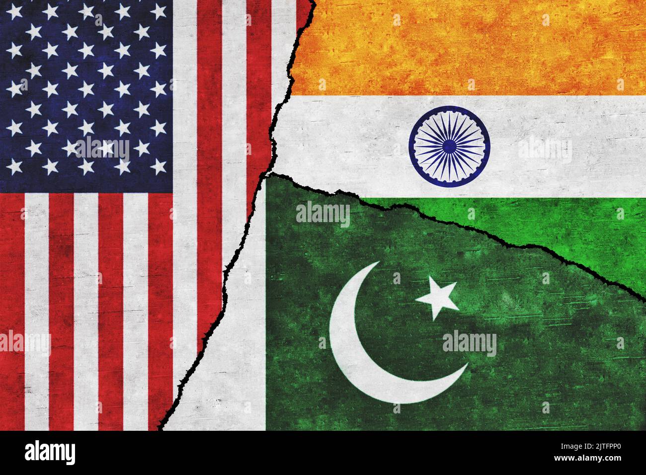 USA, India and Pakistan painted flags on a wall with a crack. United States of America, Pakistan and India relations Stock Photo