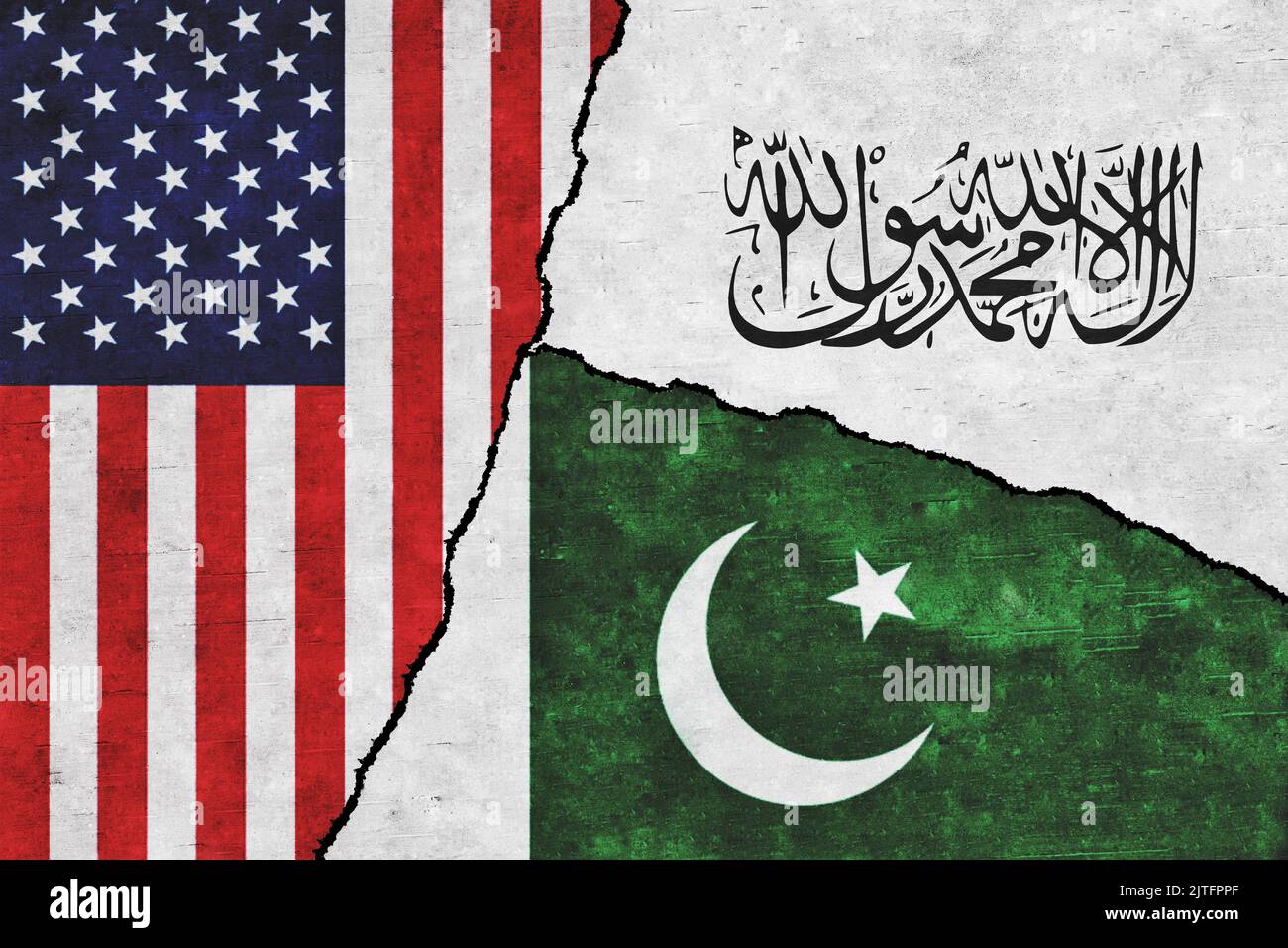 USA, Taliban and Pakistan painted flags on a wall with a crack. United States of America, Pakistan and Taliban relations. Afghanistan war. Islamic Emirate of Afghanistan Stock Photo