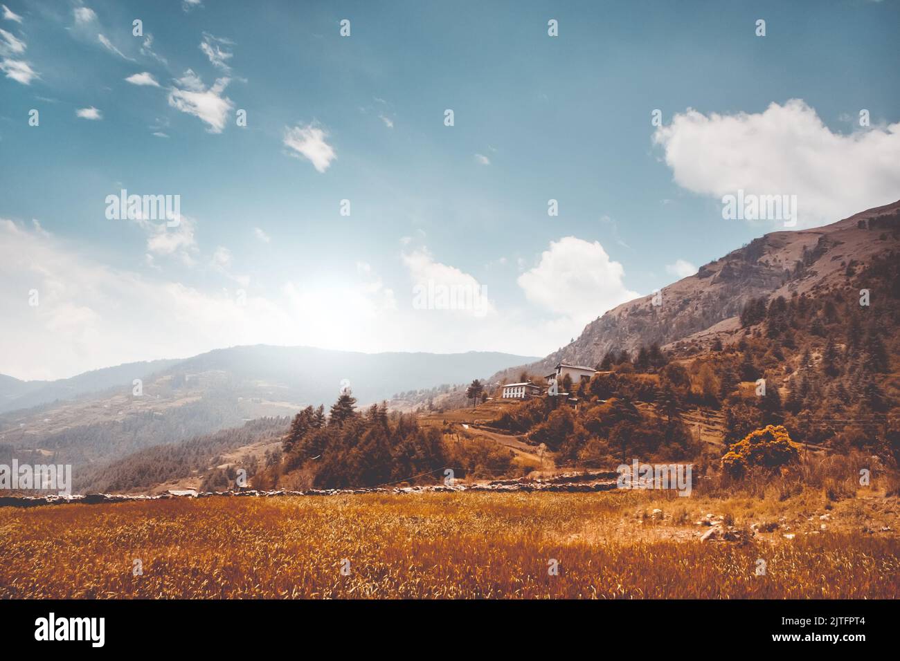 Autumn mountain valley against blue cloudy sky. Bright orange grass and mountain range in Nepal Himalayas. Amazing natural summer scenery. Stunning wild nature. Creative image for design Stock Photo