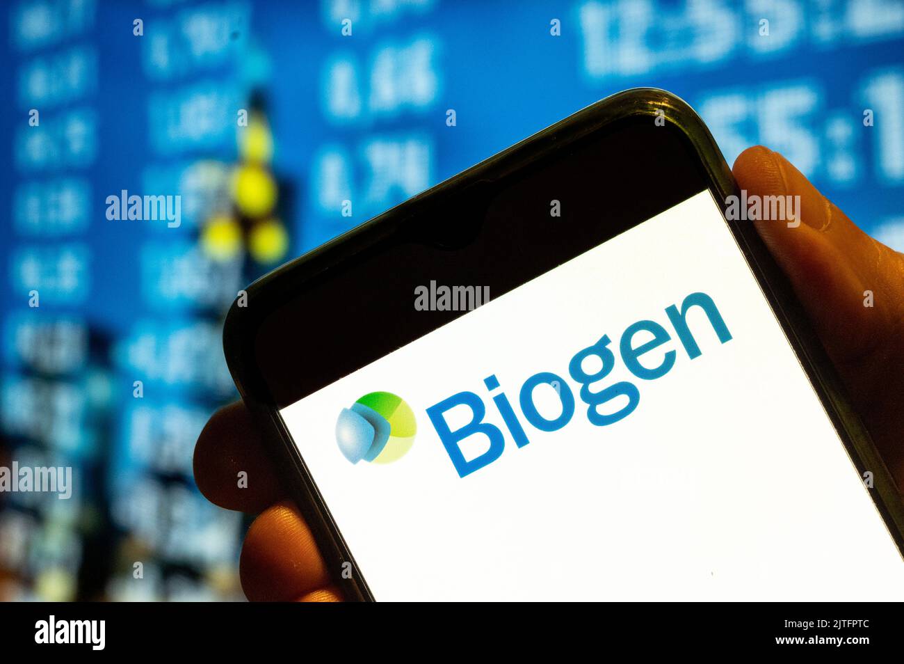 China. 25th July, 2022. In this photo illustration, the American multinational biotechnology company Biogen logo is displayed on a smartphone screen. (Photo by Budrul Chukrut/SOPA Images/Sipa USA) Credit: Sipa USA/Alamy Live News Stock Photo