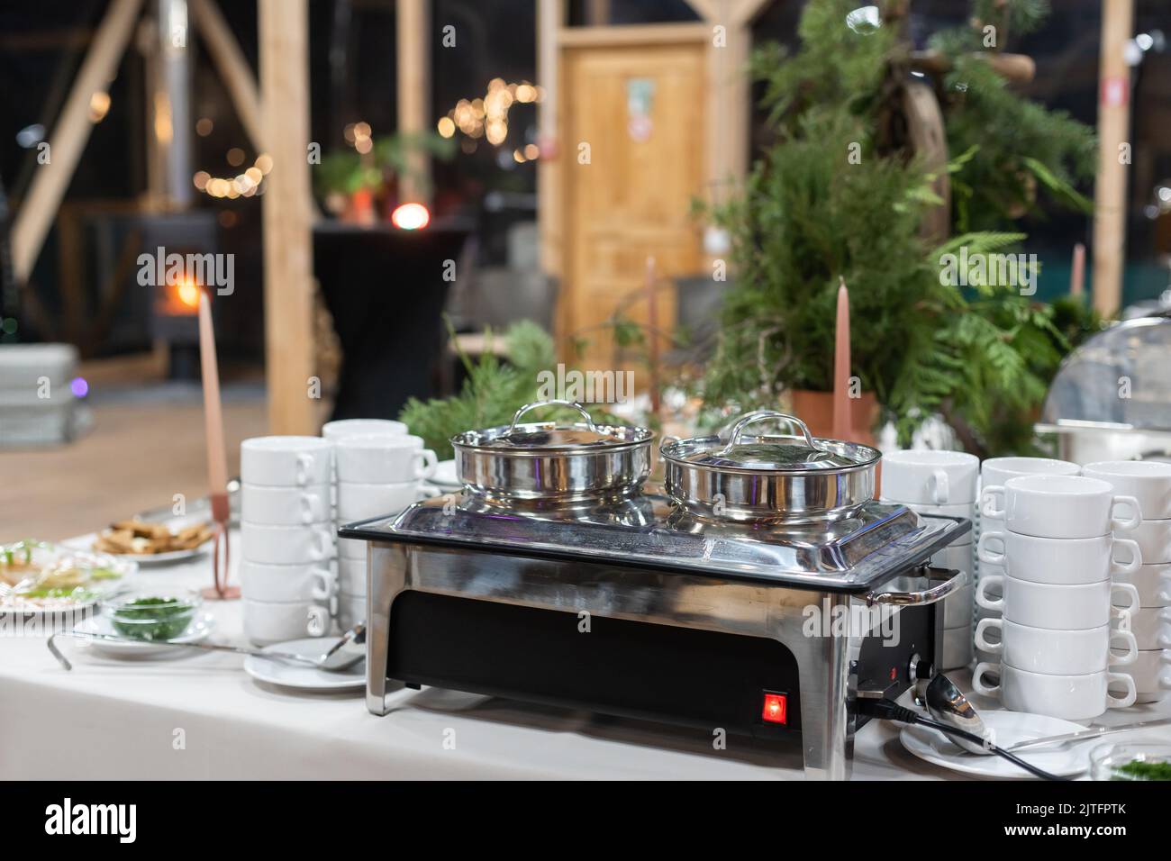 Food trays in buffet. metal containers buffet table Stock Photo Alamy