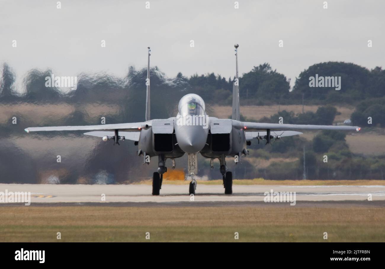 F-15E Strike Eagle landing Runway 07 RAF Lakenheath,30th August 2022 Stock Photo