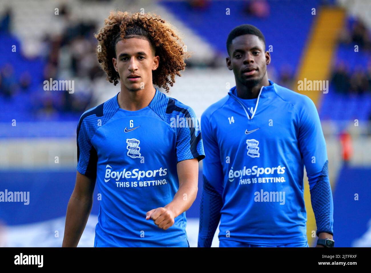 Birmingham City's Hannibal Mejbri (left) and Jonathan Leko warm up ahead of the Sky Bet Championship match at St. Andrew's, Birmingham. Picture date: Tuesday August 30, 2022. Stock Photo