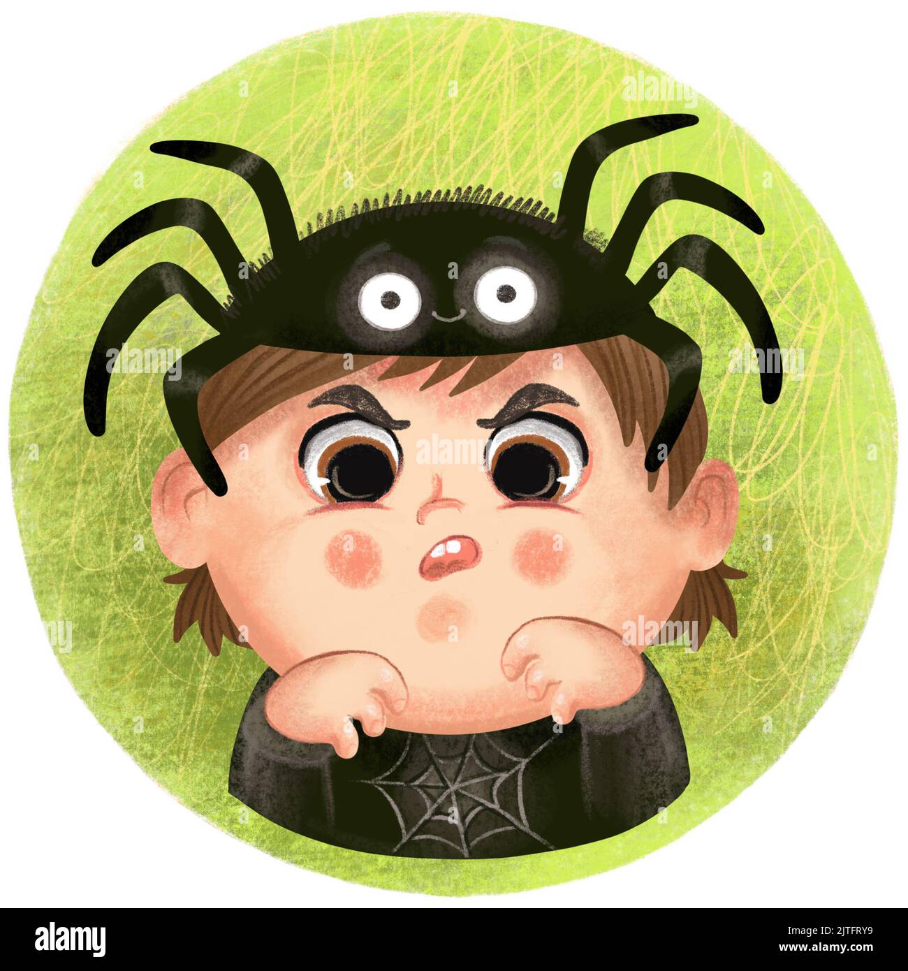Portrait of a happy cute little kid boy in a spider costume looking into the camera illustration. Cartoon illustration on a round background. For desi Stock Photo