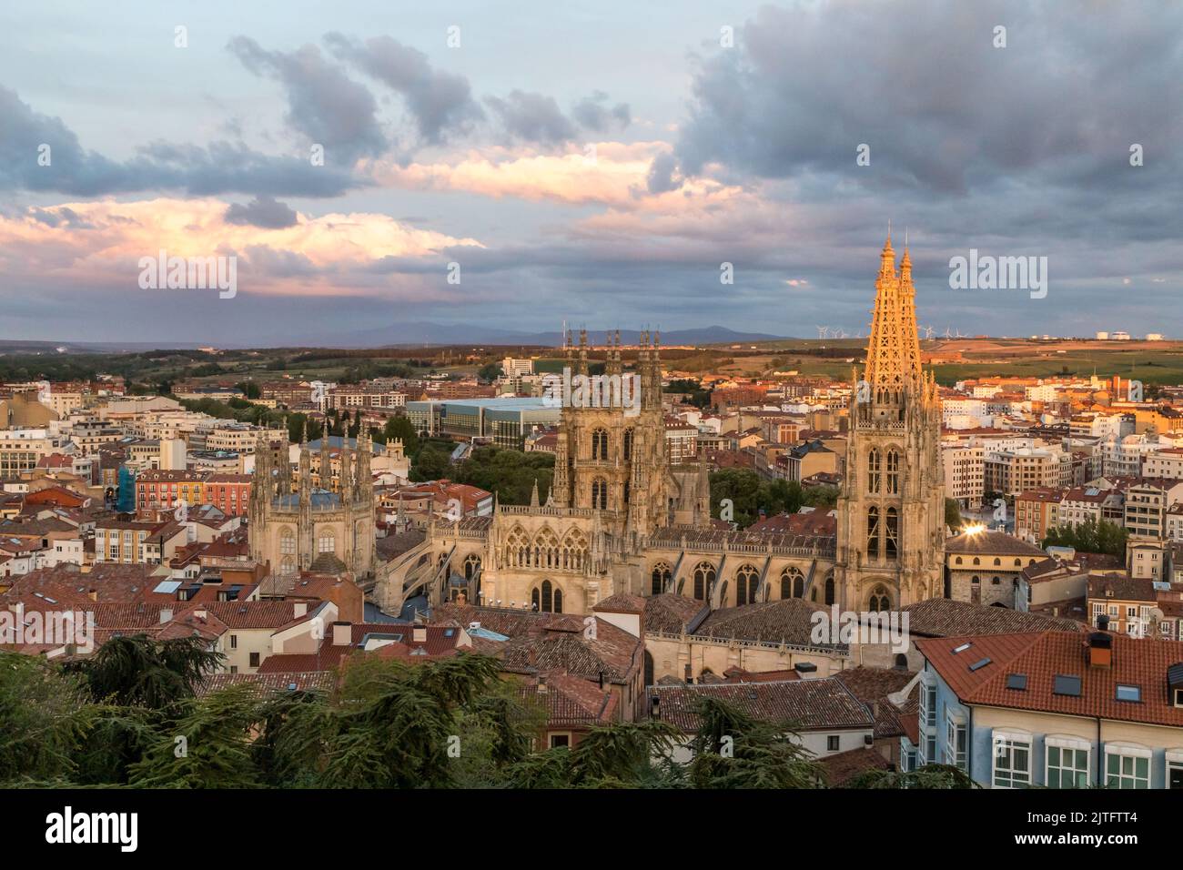 Burgos Spain, city landscape at sunset, with the Cathedral of Saint Mary of Burgos as the center of interest Stock Photo