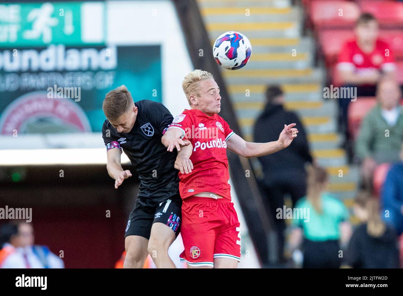 Regan Clayton of West Ham U-21 and Walsall«s Liam Bennett battle for the ball during the EFL Trophy match between Walsall and West Ham United at the Banks's Stadium, Walsall on Tuesday 30th August 2022. (Credit: Gustavo Pantano | MI News) Credit: MI News & Sport /Alamy Live News Stock Photo