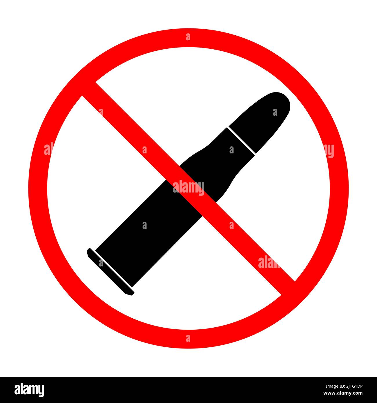Bullet ban sign. Cartridge is forbidden. Prohibited sign of bullet. Red prohibition sign. Vector illustration Stock Vector