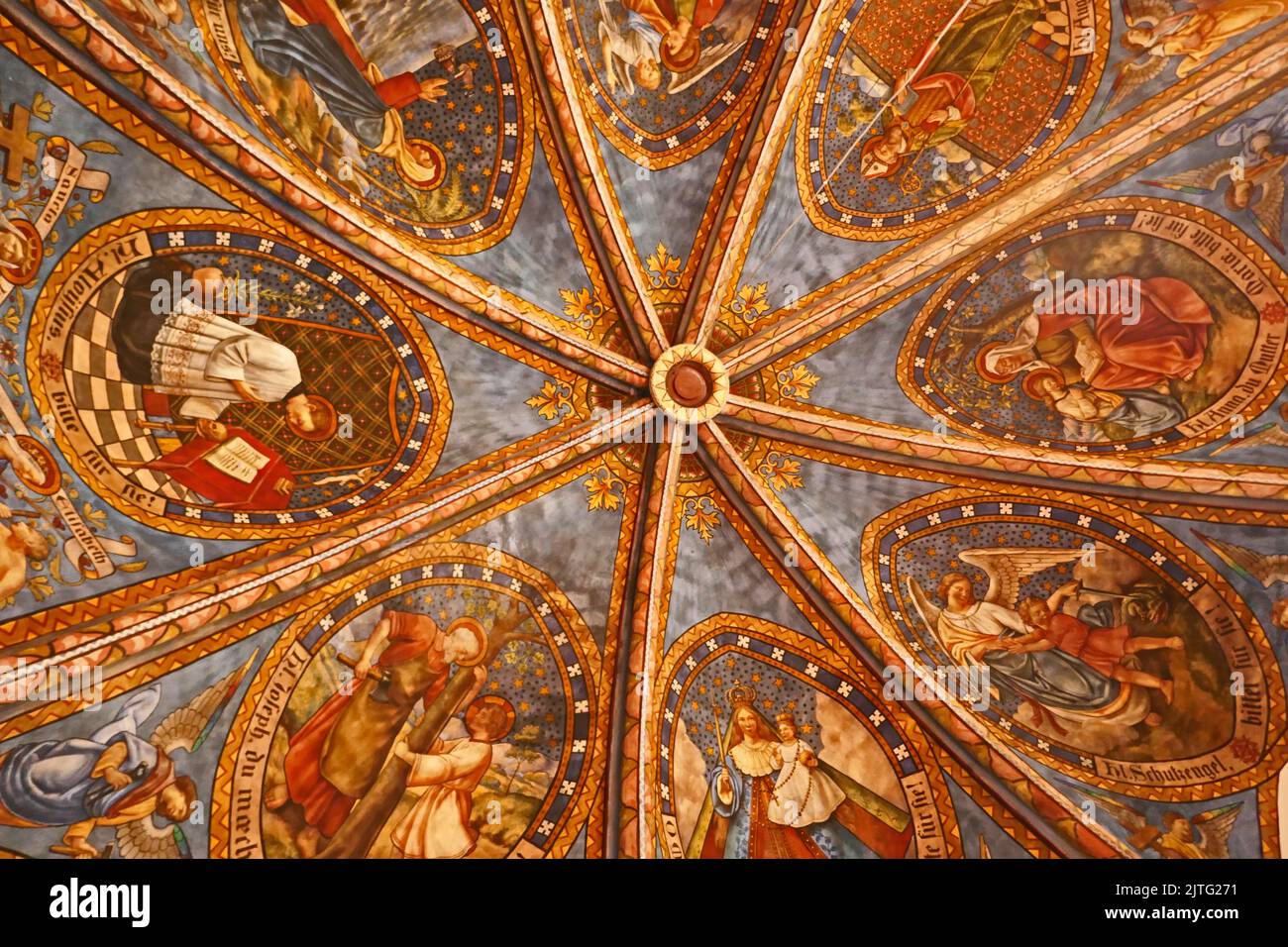 Rheine, NRW, Germany - August 24 2022 Art in the St. Dionysius church. The star-vaulted ceiling of the old sacristy, showing the patron saints of diff Stock Photo