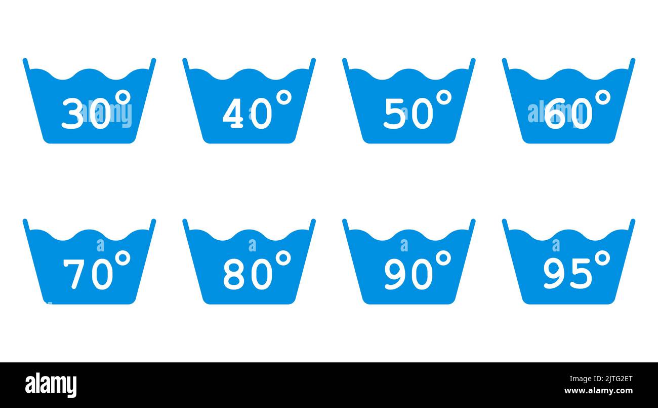 Wash at 30 to 95 degrees. Degrees of water. Set of isolated wash icons. Vector illustration. Stock Vector