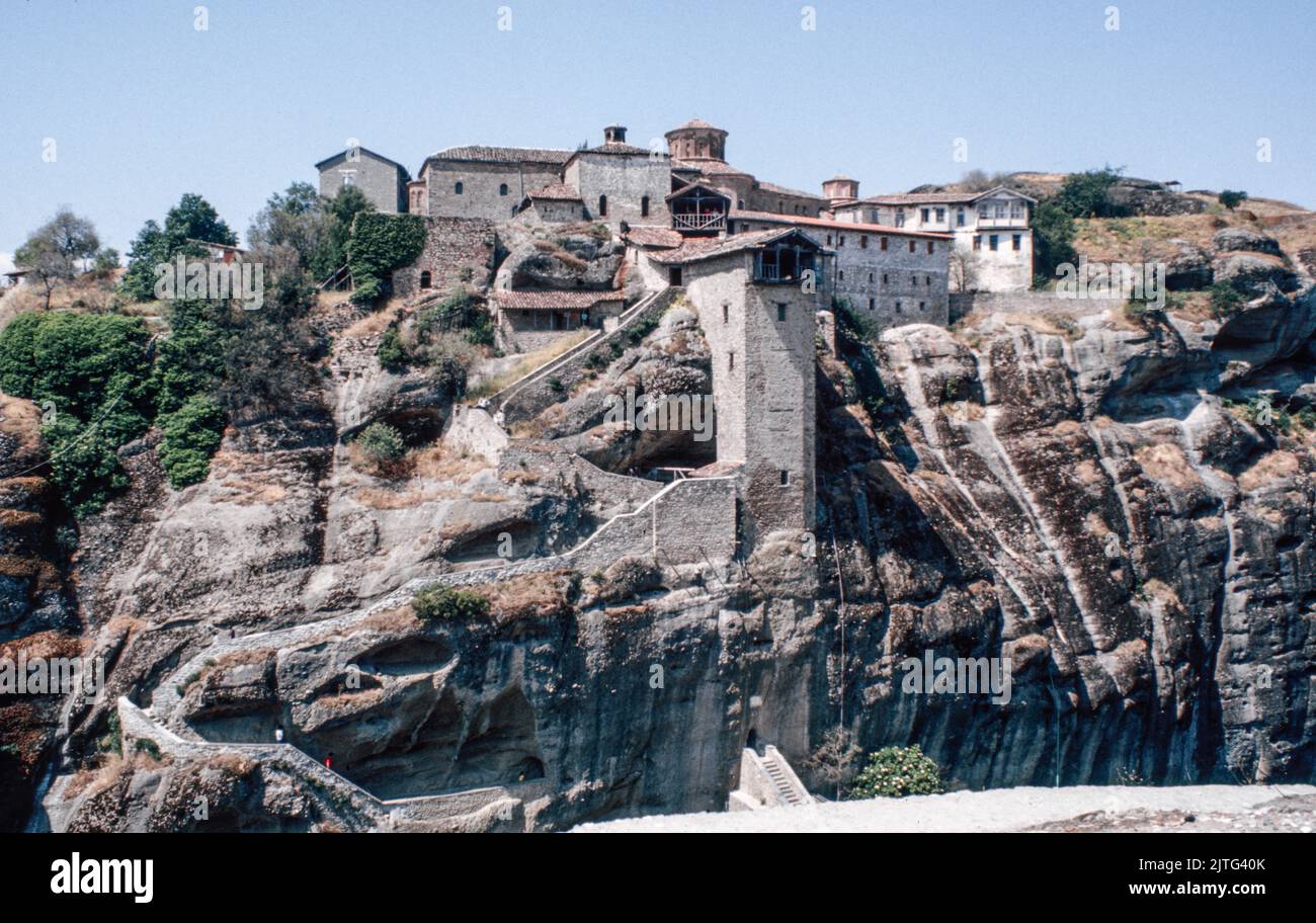 Great Meteoron, the oldest and the largest of the monasteries at The Meteora - a rock formation in central Greece hosting one of the largest and most precipitously built complexes of Eastern Orthodox monasteries. March 1980. Archival scan from a slide. Stock Photo