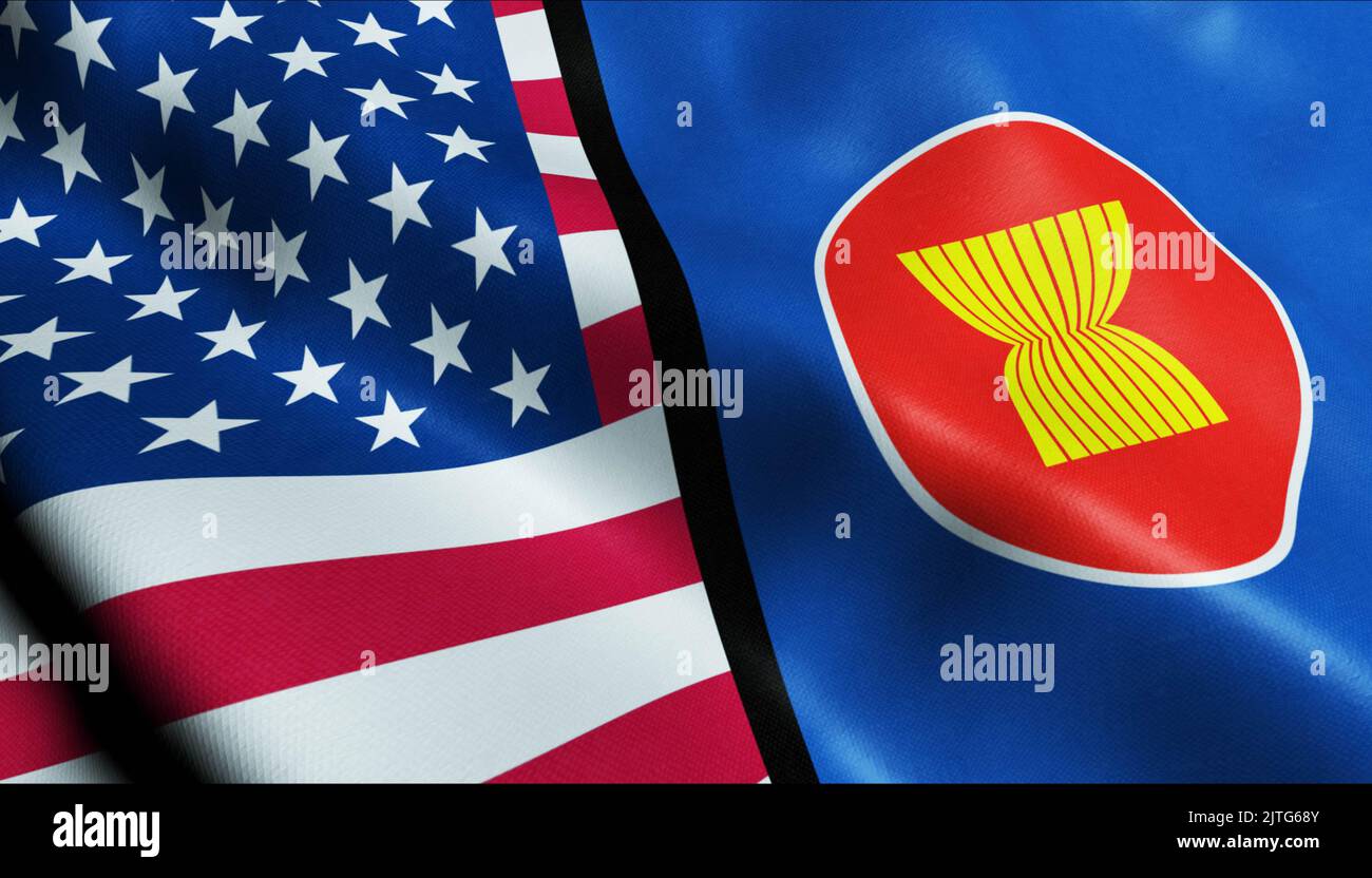3D Waving United States of America and Asean Merged Flag Closeup View Stock Photo