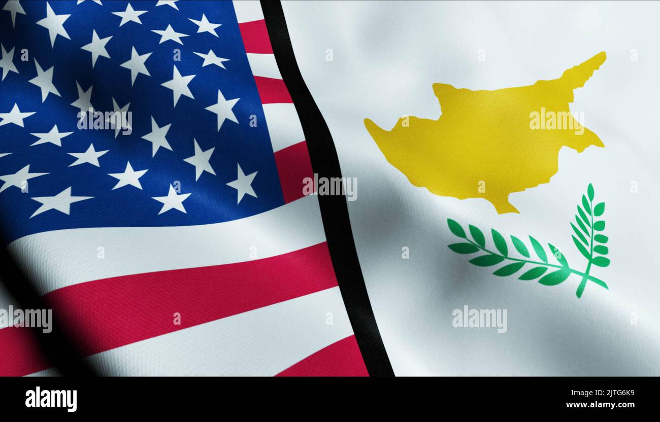 3D Waving United States of America and Cyprus Merged Flag Closeup View Stock Photo