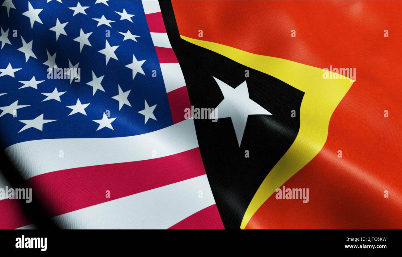3D Waving United States of America and East Timor Leste Merged Flag Closeup View Stock Photo