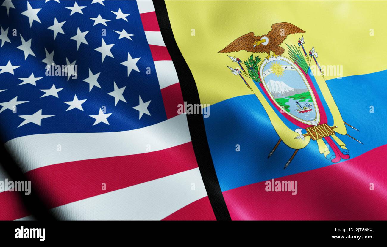 3D Waving United States of America and Ecuador Merged Flag Closeup View Stock Photo