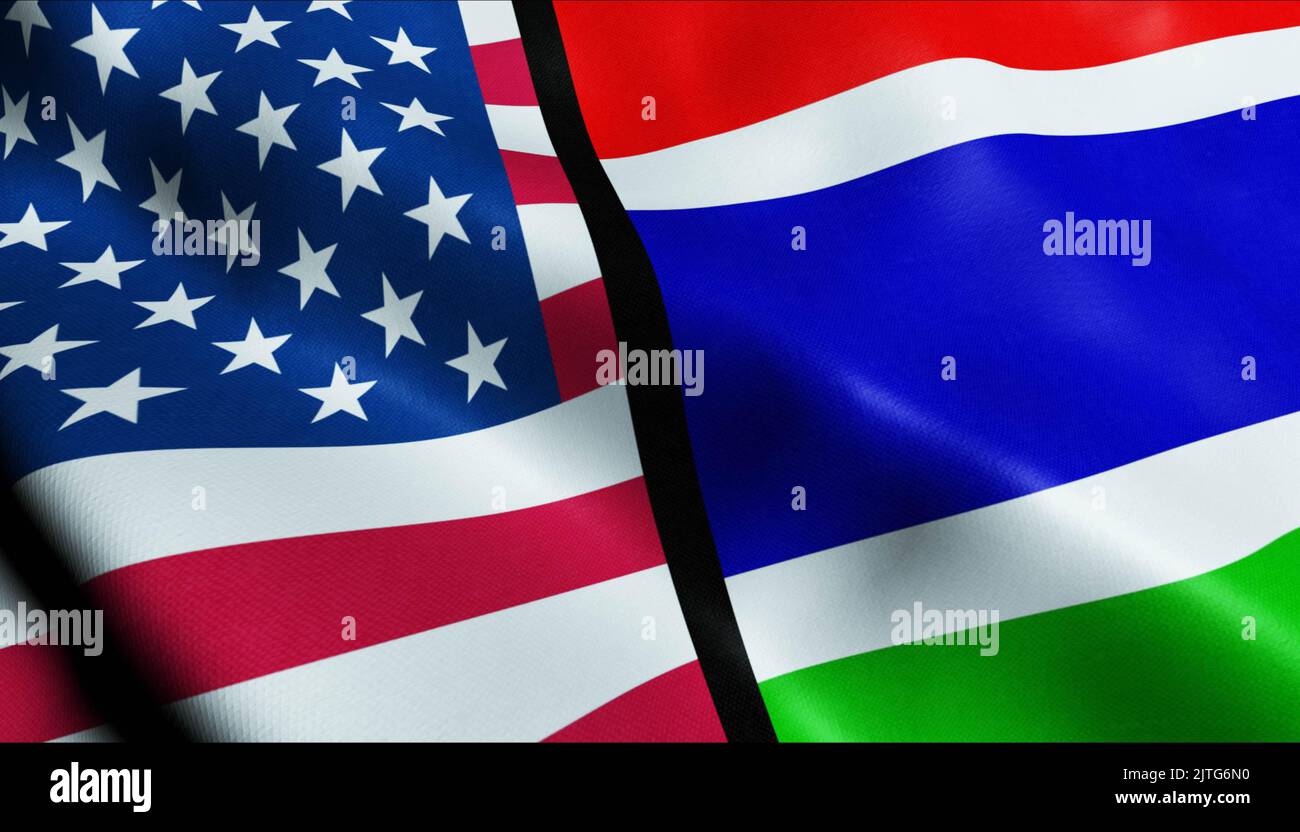 3D Waving United States of America and Gambia Merged Flag Closeup View Stock Photo