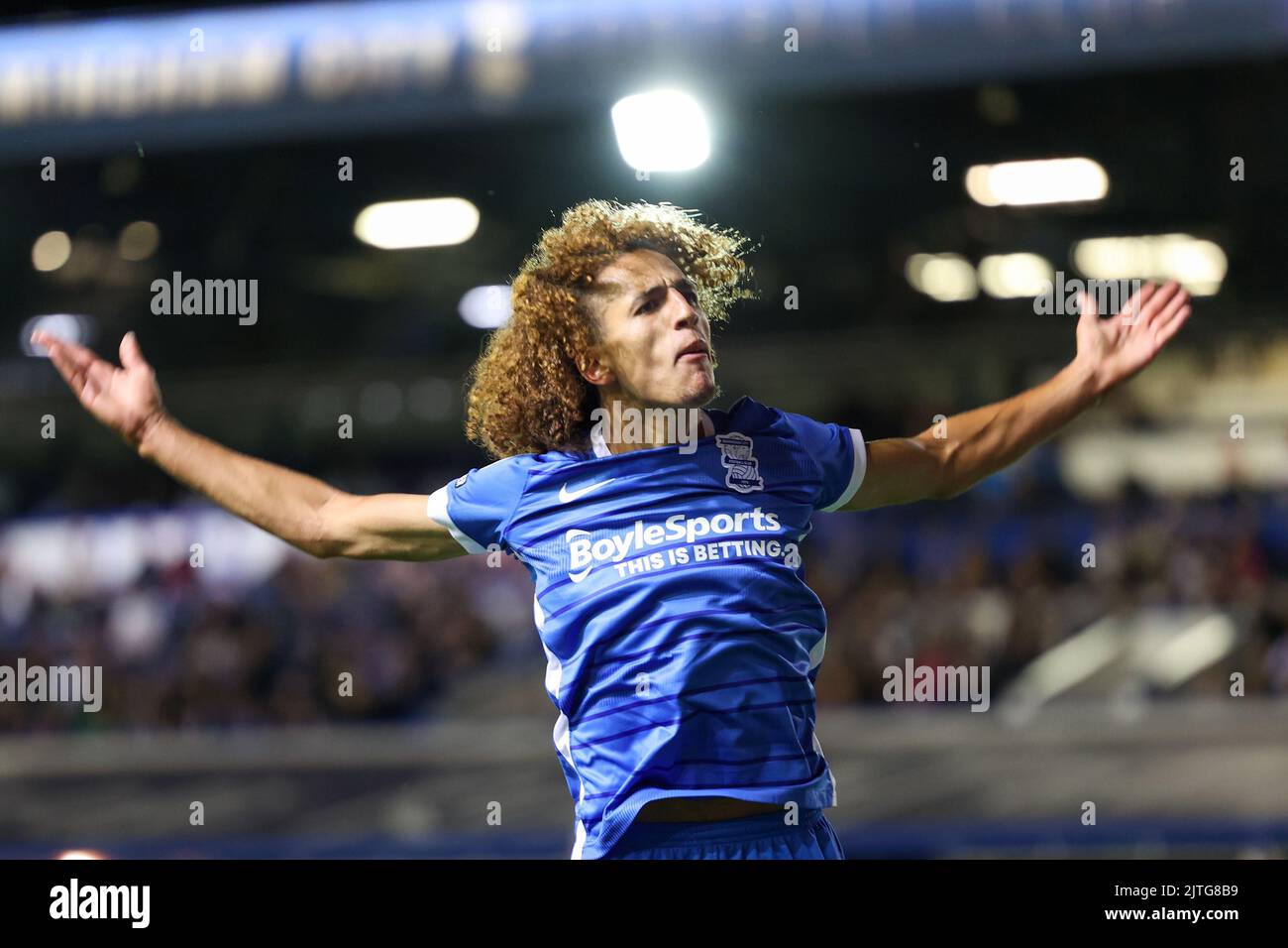 New signing Hannibal Mejbri #6 of Birmingham City  interacts with the crowd on his debut Stock Photo