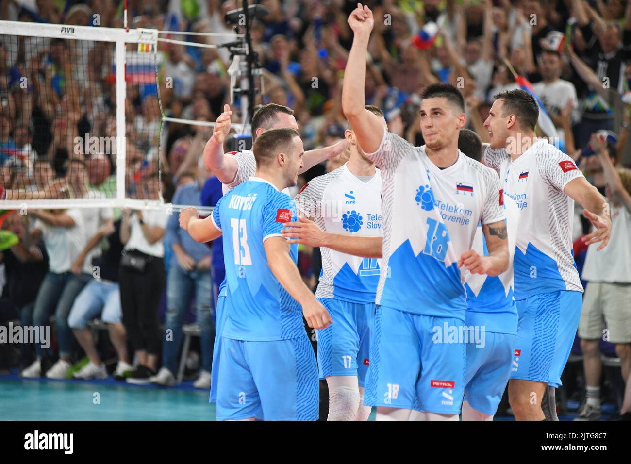 Klemen Cebulj (Slovenia national volleyball team) celebrates in Stozice Arena. Volleyball World Klemen Cebulj (Slovenia national volleyball team) celebrates in Stozice Arena. Volleyball World