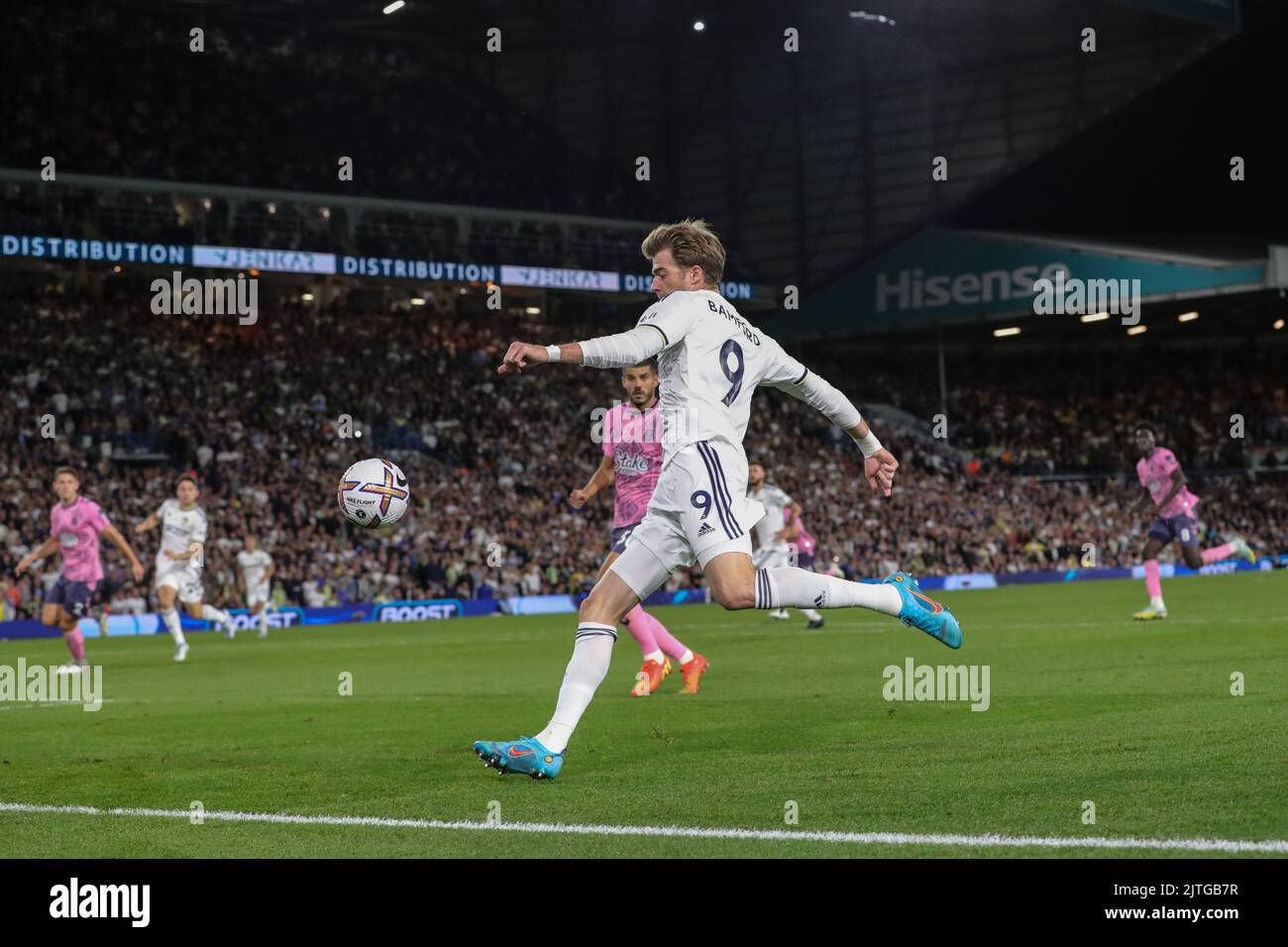 Patrick Bamford #9 of Leeds United crosses the ball during the Premier League match Leeds United vs Everton at Elland Road in Leeds, UK, 30th August 2022 Stock Photo