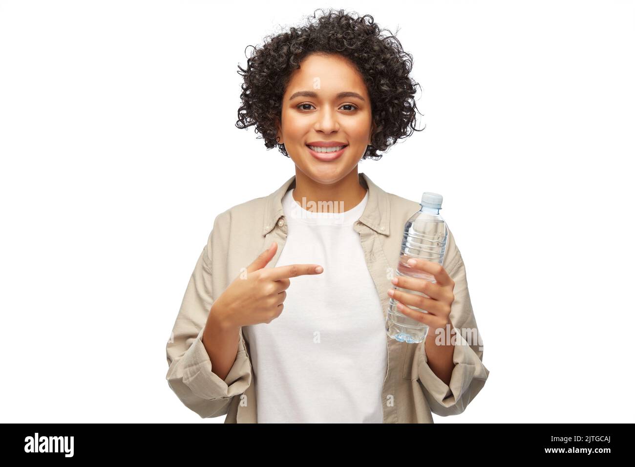 happy woman with water in plastic bottle Stock Photo