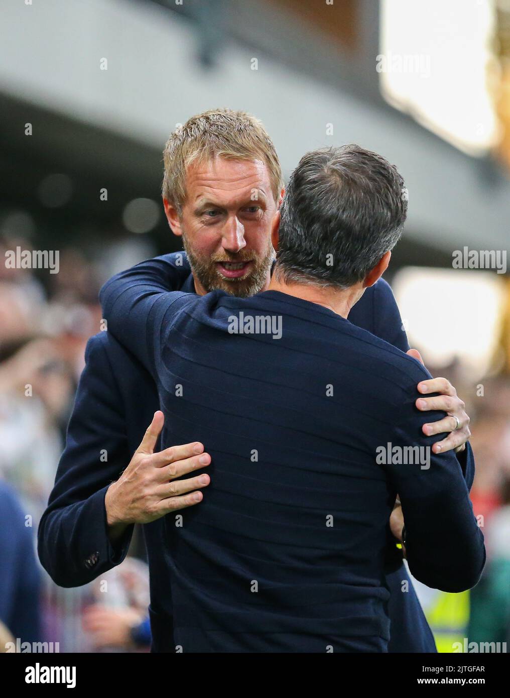 London, UK. 30th Aug, 2022. Manager Graham Potter of Brighton Albion and Manager Marco Silva of Fulham during the Premier League match between Fulham and Brighton and Hove Albion at Craven Cottage, London, England on 30 August 2022. Photo by Pedro Soares. Editorial use only, license required for commercial use. No use in betting, games or a single club/league/player publications. Credit: UK Sports Pics Ltd/Alamy Live News Stock Photo