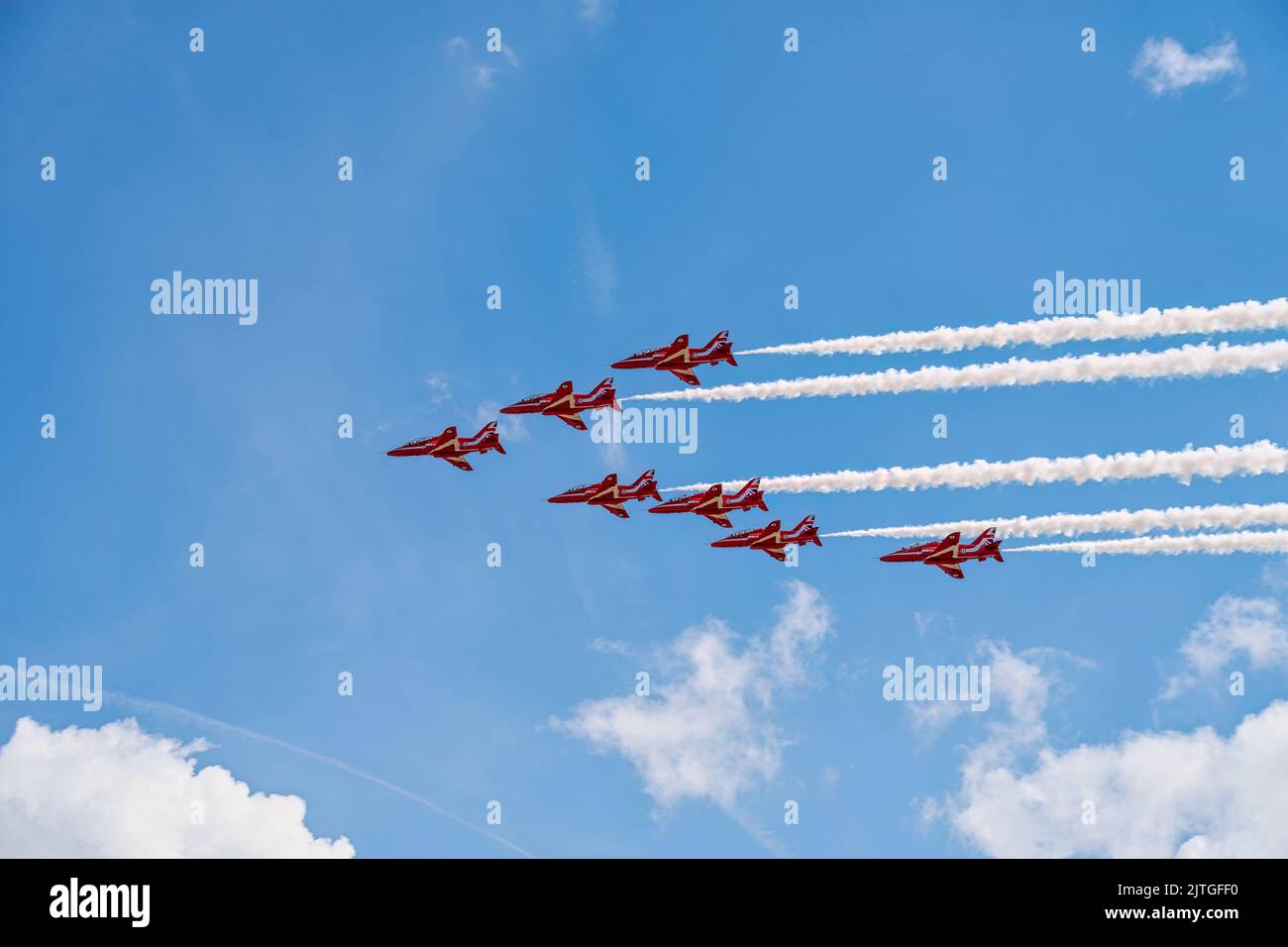 HAWARDEN, UK, 27TH AUGUST 2022:Red Arrows practicing above Hawarden airport Stock Photo