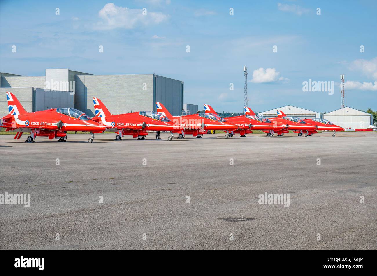 HAWARDEN, UK, 28TH AUGUST 2022: Red Arrows jets parked at Hawarden Airport Stock Photo