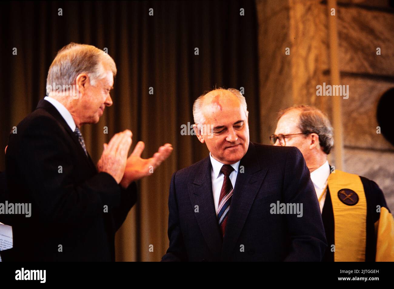 Soviet President Mikhail Gorbachev, shown here with former US President Jimmy Carter, received a doctor of laws degree in 1992 and spoke at Emory University's commencement. Stock Photo