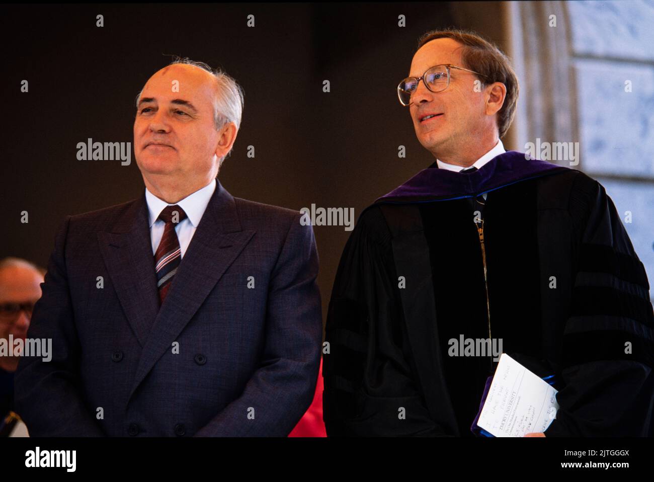 Soviet President Mikhail Gorbachev, shown here with US Senator Sam Nunn (D-GA), received a doctor of laws degree in 1992 and spoke at Emory University's  commencement. Stock Photo