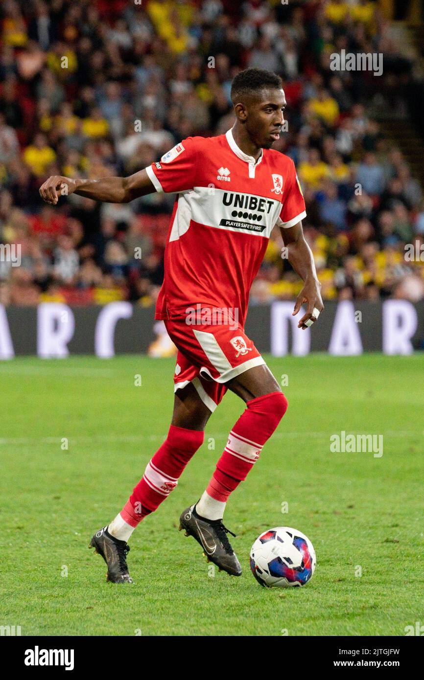 Watford, UK. 30th Aug, 2022. Isaiah Jones #2 of Middlesbrough in action during the game in Watford, United Kingdom on 8/30/2022. (Photo by Richard Washbrooke/News Images/Sipa USA) Credit: Sipa USA/Alamy Live News Stock Photo