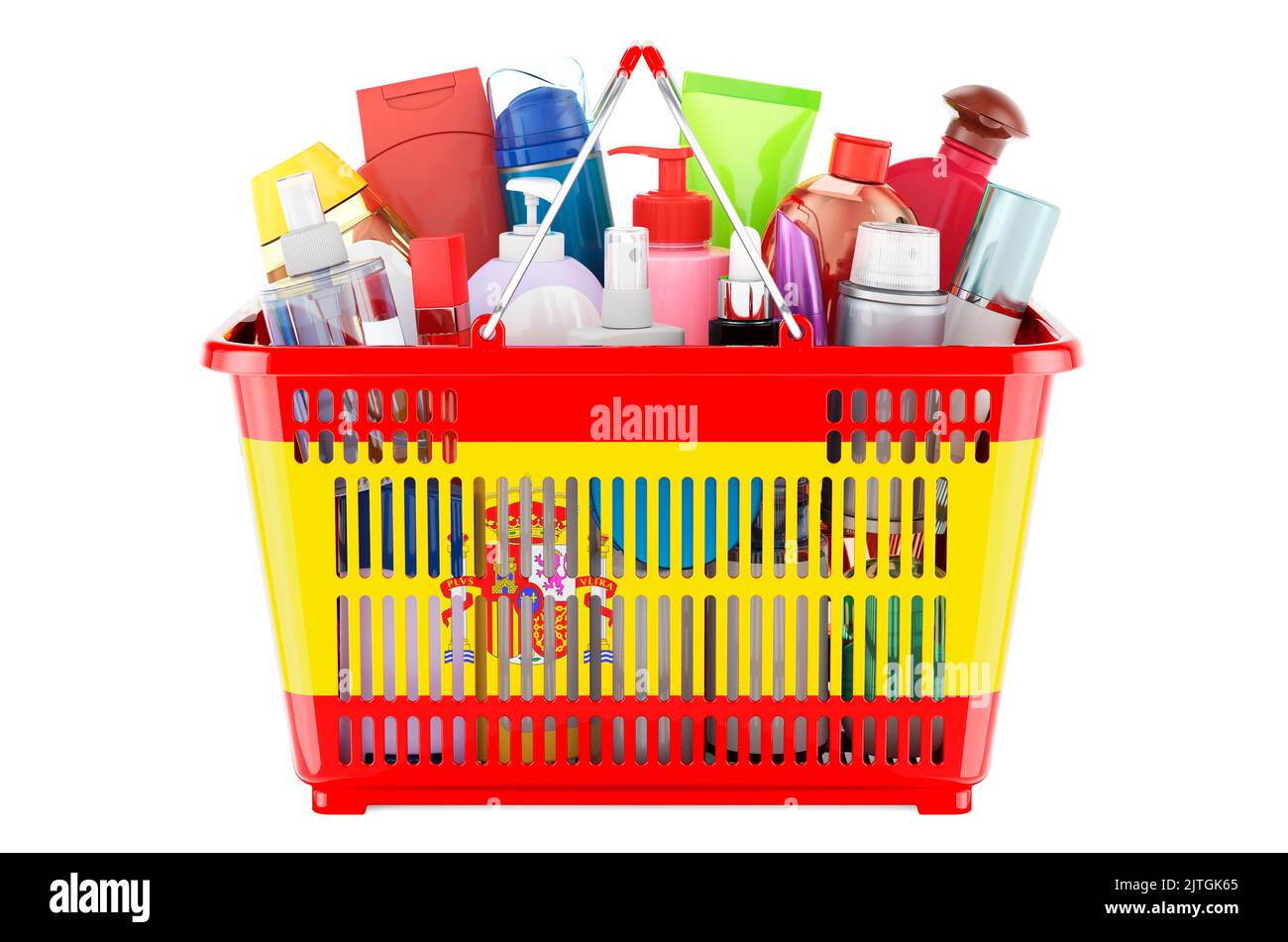 Shopping basket with Spanish flag full of cosmetic bottles, hair