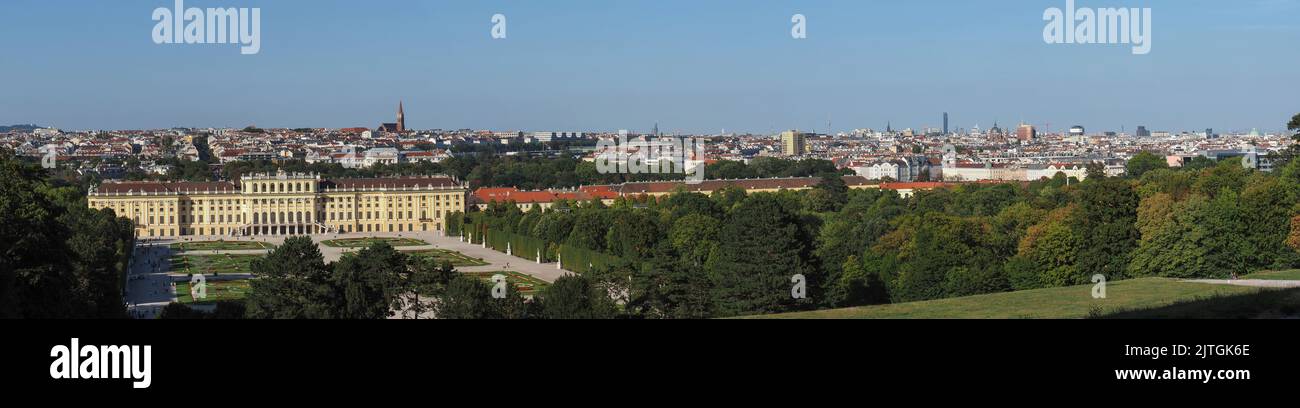 Panorama of Vienna, Austria with Schonbrunn Palace at left (editors note photo: the panorama was assembled from several shots in automatic mode, no ch Stock Photo