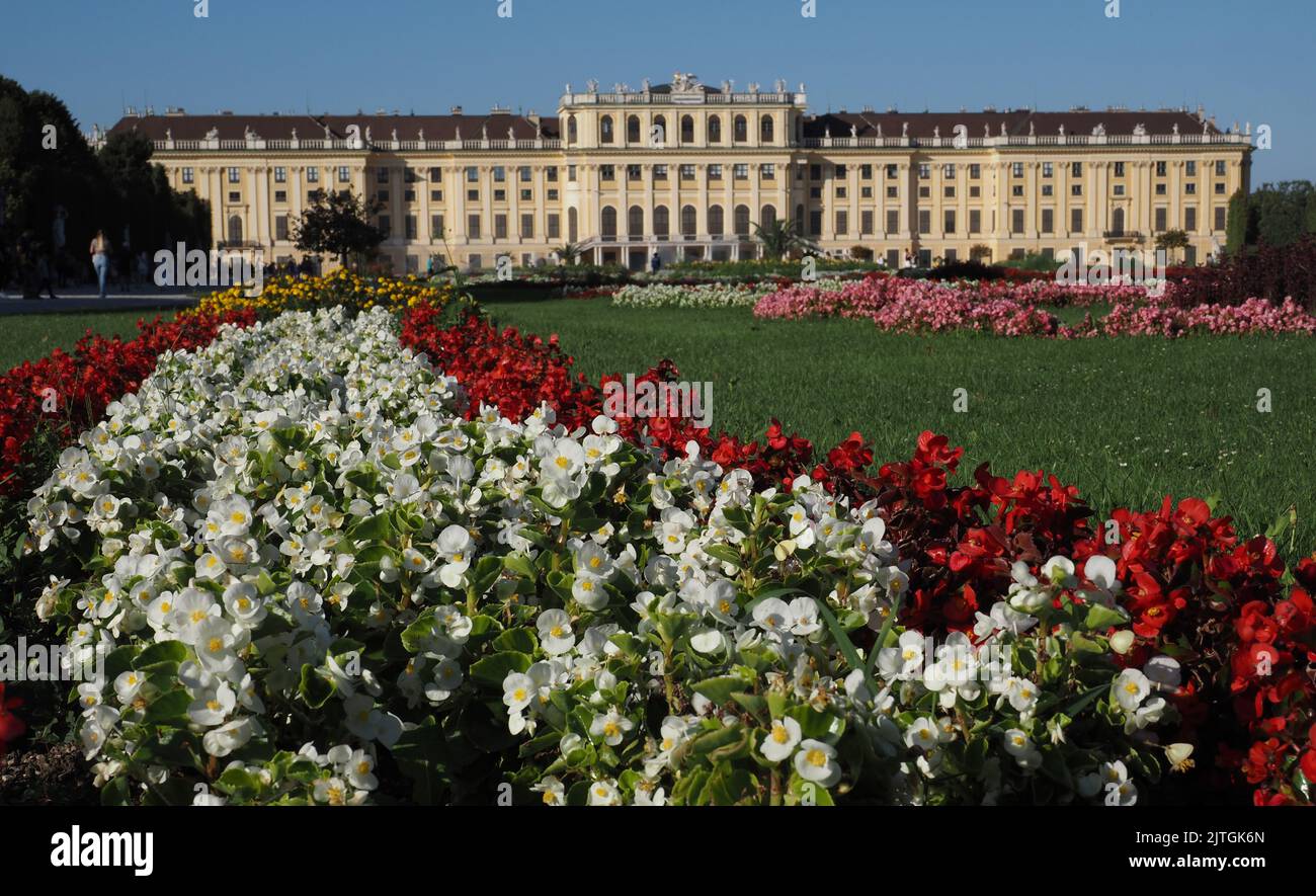 Schonbrunn Palace in Vienna, Austria. It is a former imperial rococo summer residence with 1,441 rooms. Stock Photo