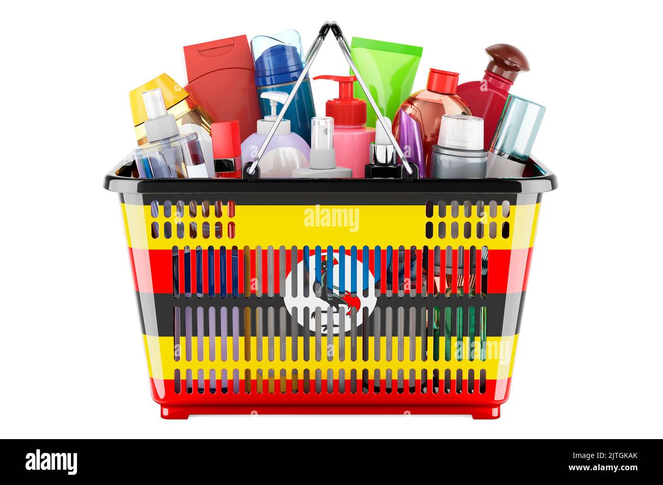 Shopping basket with Ugandan flag full of cosmetic bottles, hair