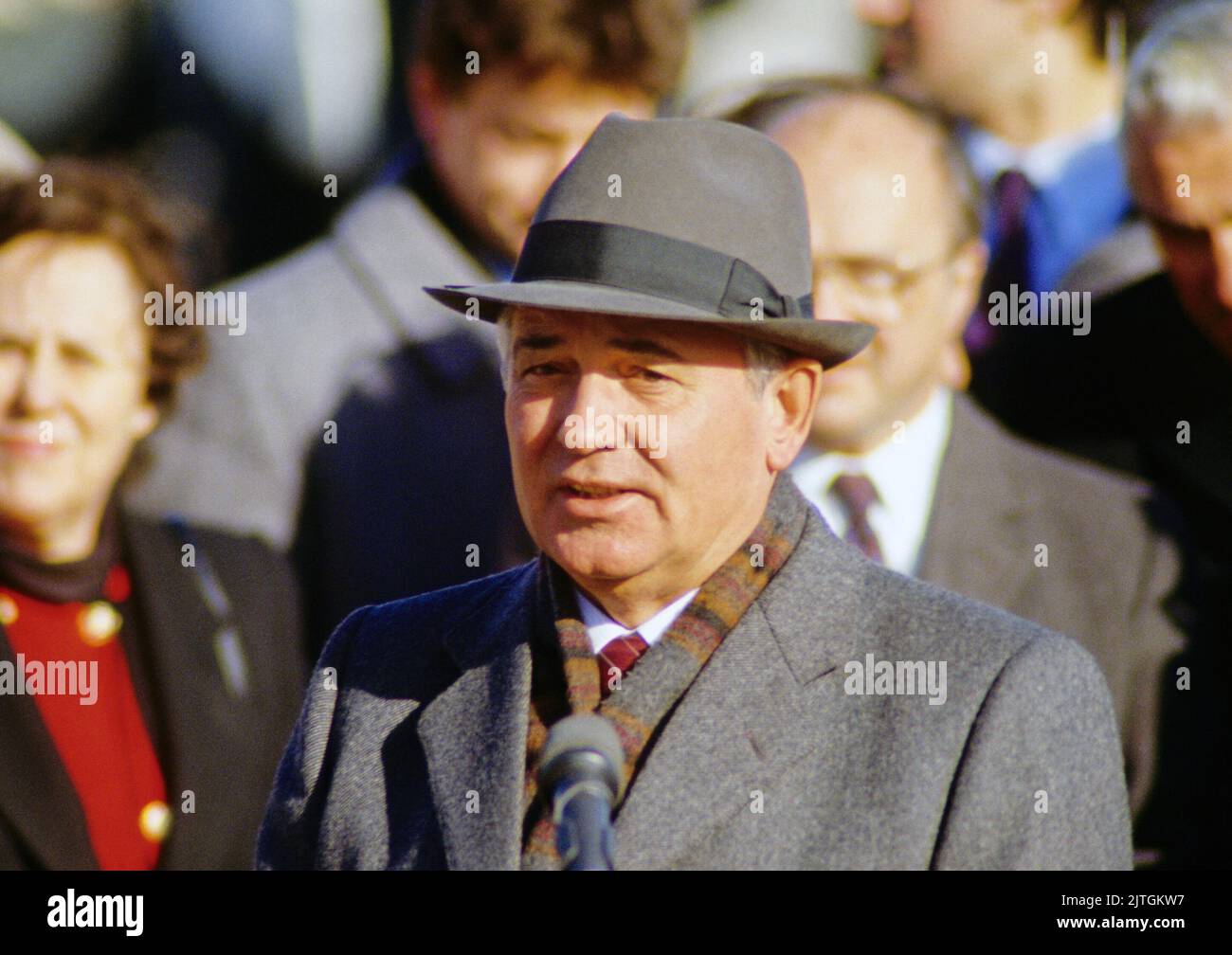 President Mikhail Gorbachev of the Soviet Union makes a statement as he prepares to depart from JFK International Airport in New York, New York after meeting with United States President Ronald Reagan and US President-elect George H.W. Bush on December 8, 1988. Credit: Ron Sachs/CNP Stock Photo