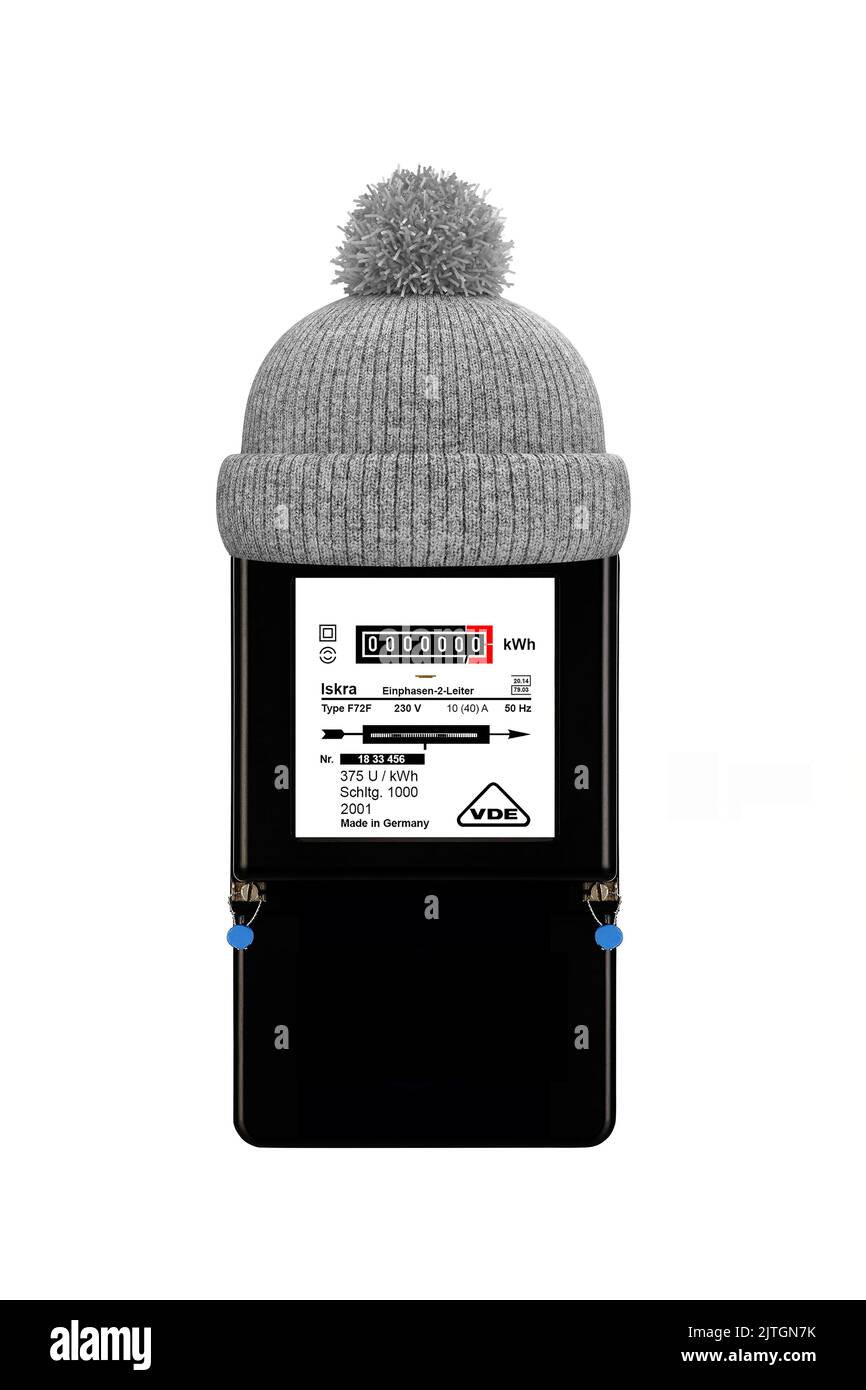 electricity meter with bobble hat, symbol for energy saving Stock Photo
