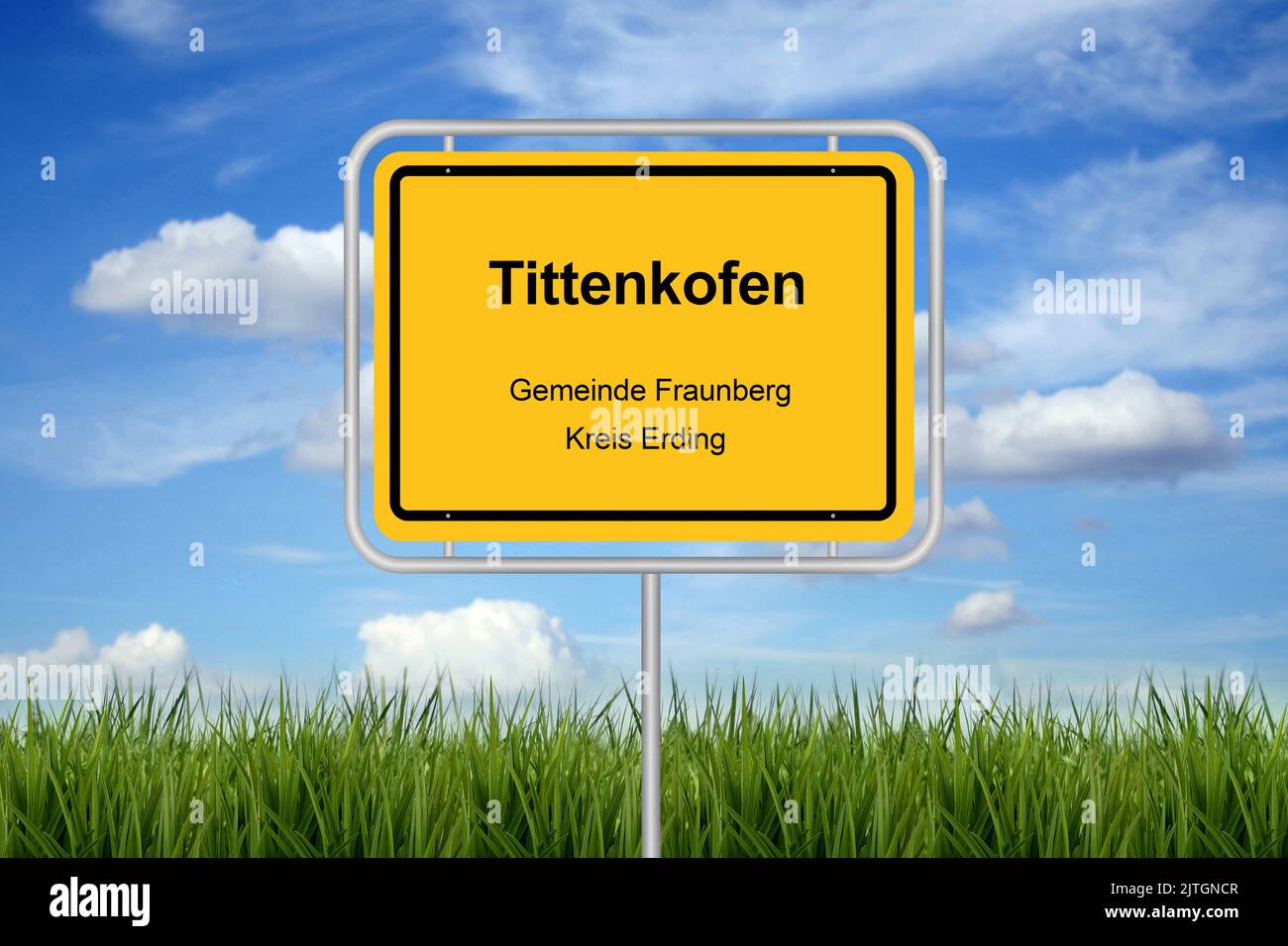 city sign lettering Tittenkofen, Gemeinde Fraunberg, Kreis Erding, Germany, Bavaria, Oberbayern, Upper Bavaria Stock Photo