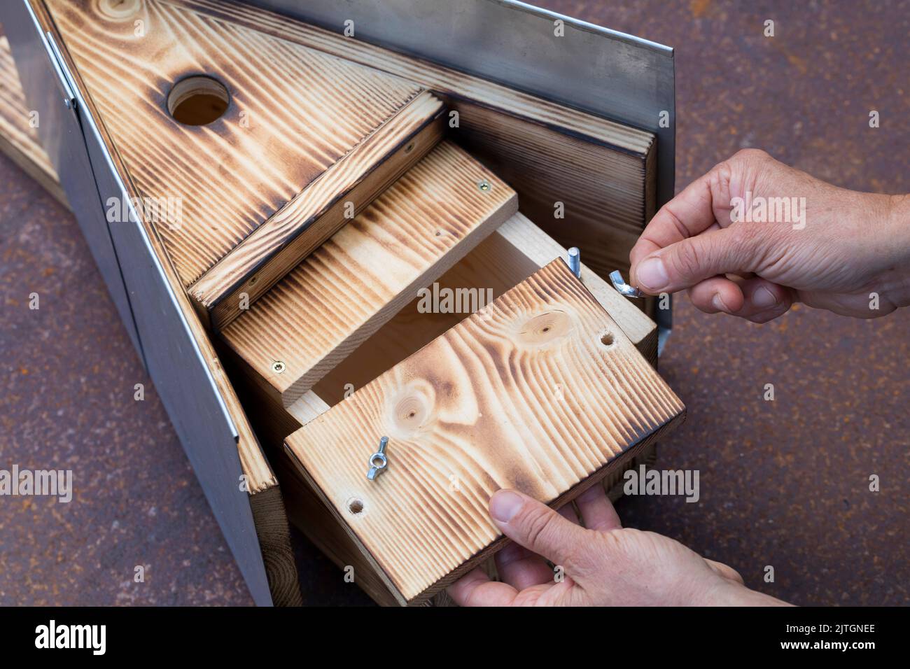 nesting box series: a nesting box with easy-to-open cleaning flap Stock Photo