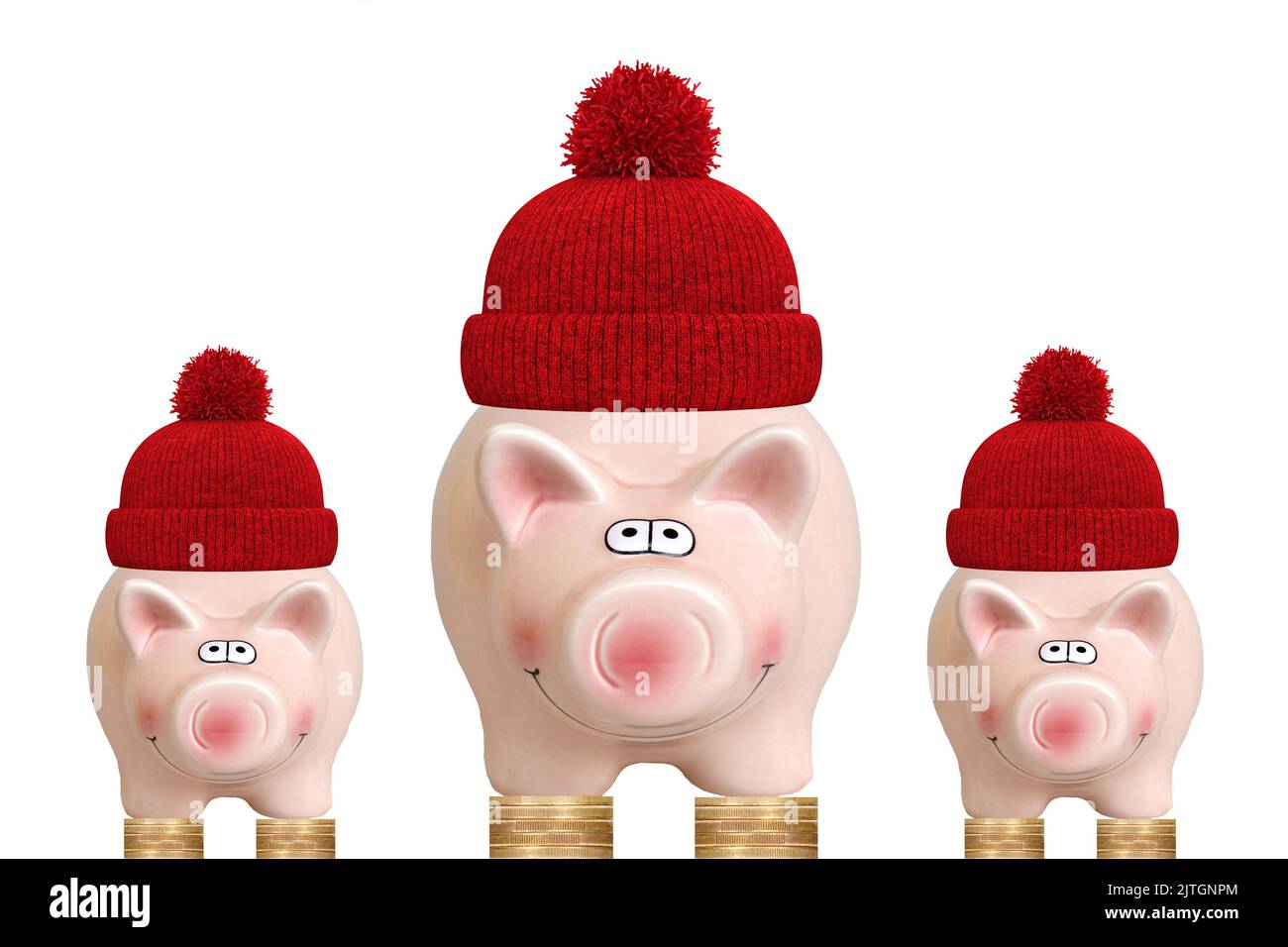 pink piggy banks with red bobble hats, energy crisis, prepare oneself for the worst Stock Photo