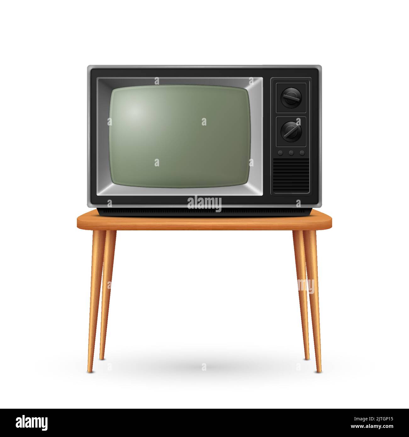 Vector 3d Realistic Retro TV Receiver on a Wooden Table Stand Closeup Isolated on White. Vintage TV Set. Television, Front View Stock Vector