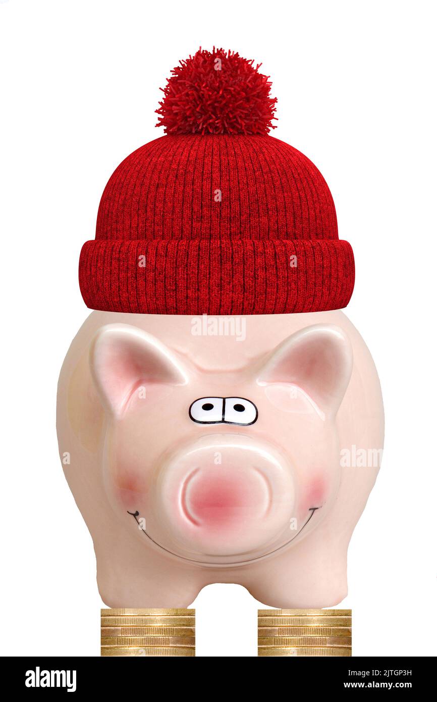 pink piggy bank with red bobble hat, energy crisis, prepare oneself for the worst Stock Photo