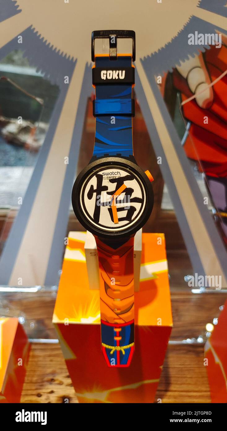 SHANGHAI, CHINA - AUGUST 30, 2022 - The SWATCH X DRAGON BALL Z series co-branded watch products are displayed in Shanghai, China, on Aug 30, 2022. Swi Stock Photo