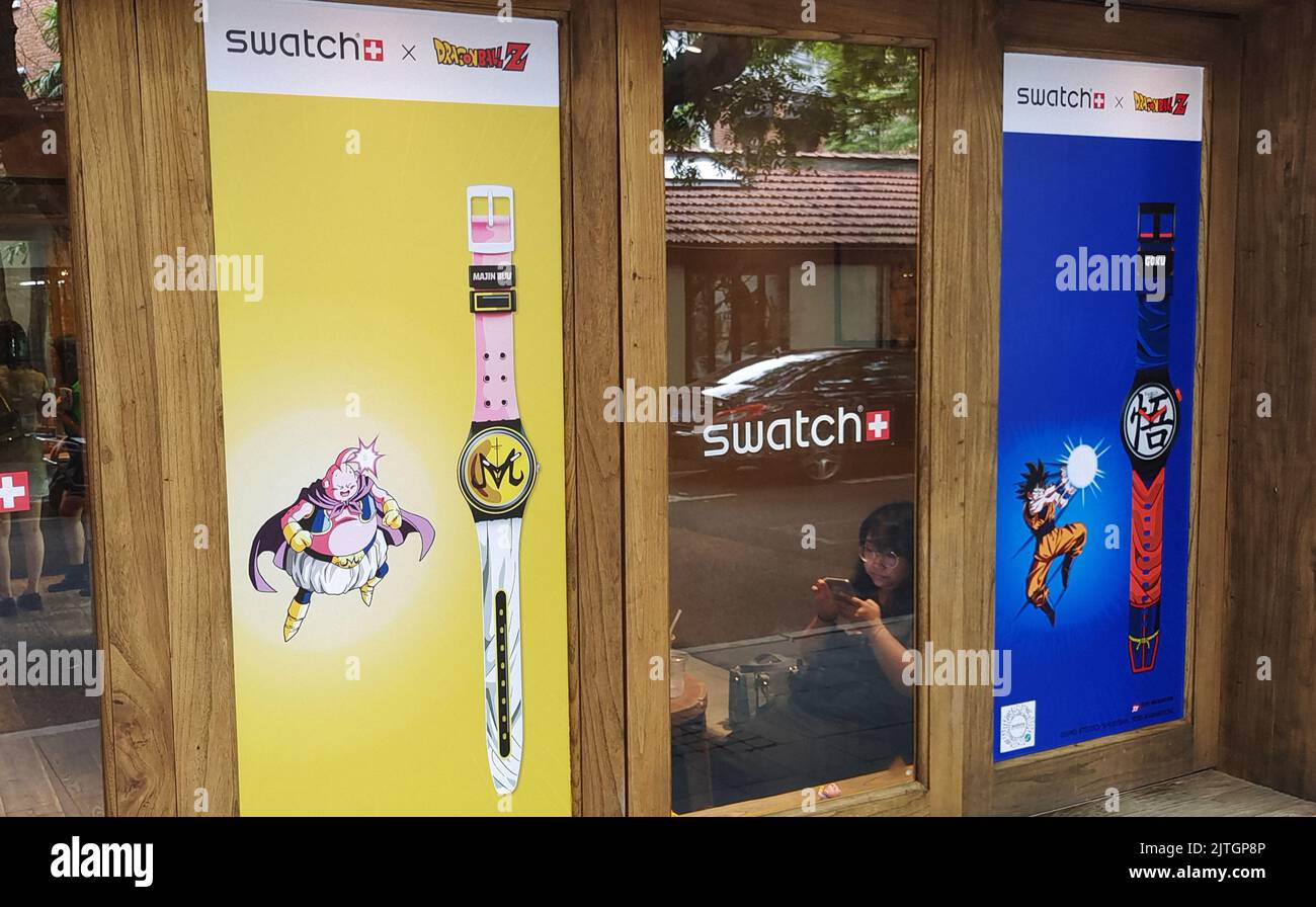 SHANGHAI, CHINA - AUGUST 30, 2022 - The SWATCH X DRAGON BALL Z series co-branded watch products are displayed in Shanghai, China, on Aug 30, 2022. Swi Stock Photo