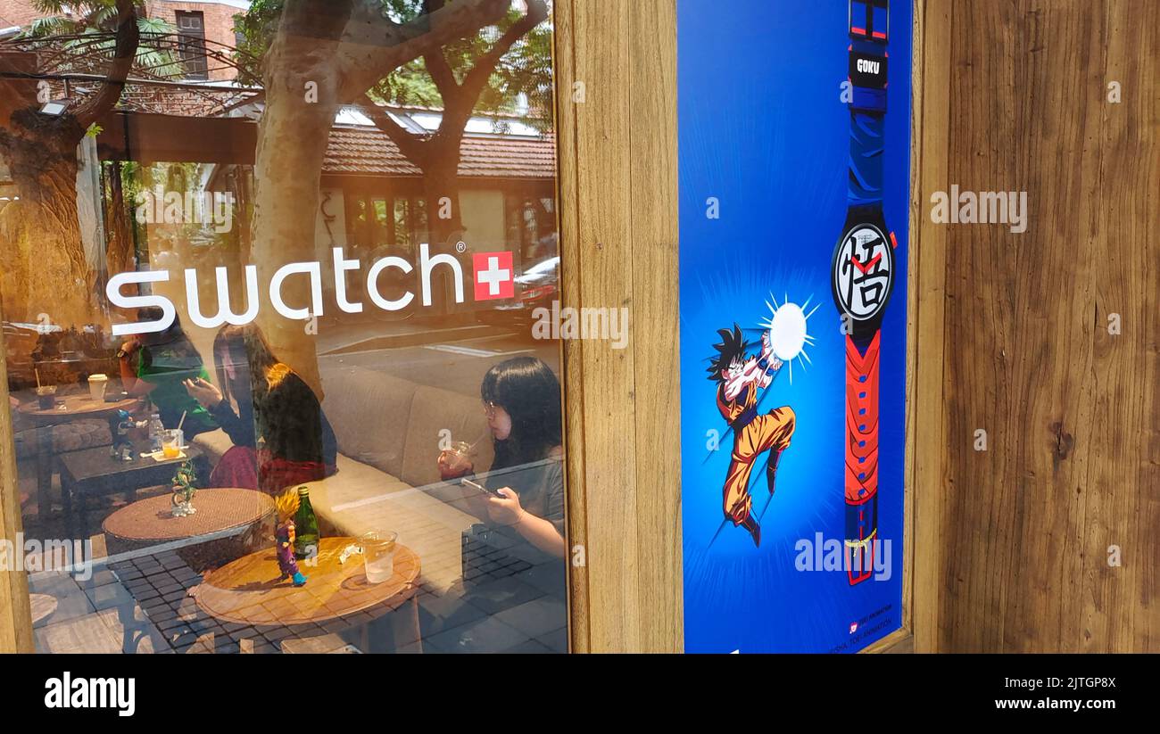 SHANGHAI, CHINA - AUGUST 30, 2022 - The SWATCH X DRAGON BALL Z series co-branded watch products are displayed in Shanghai, China, on Aug 30, 2022. Swi Stock Photo