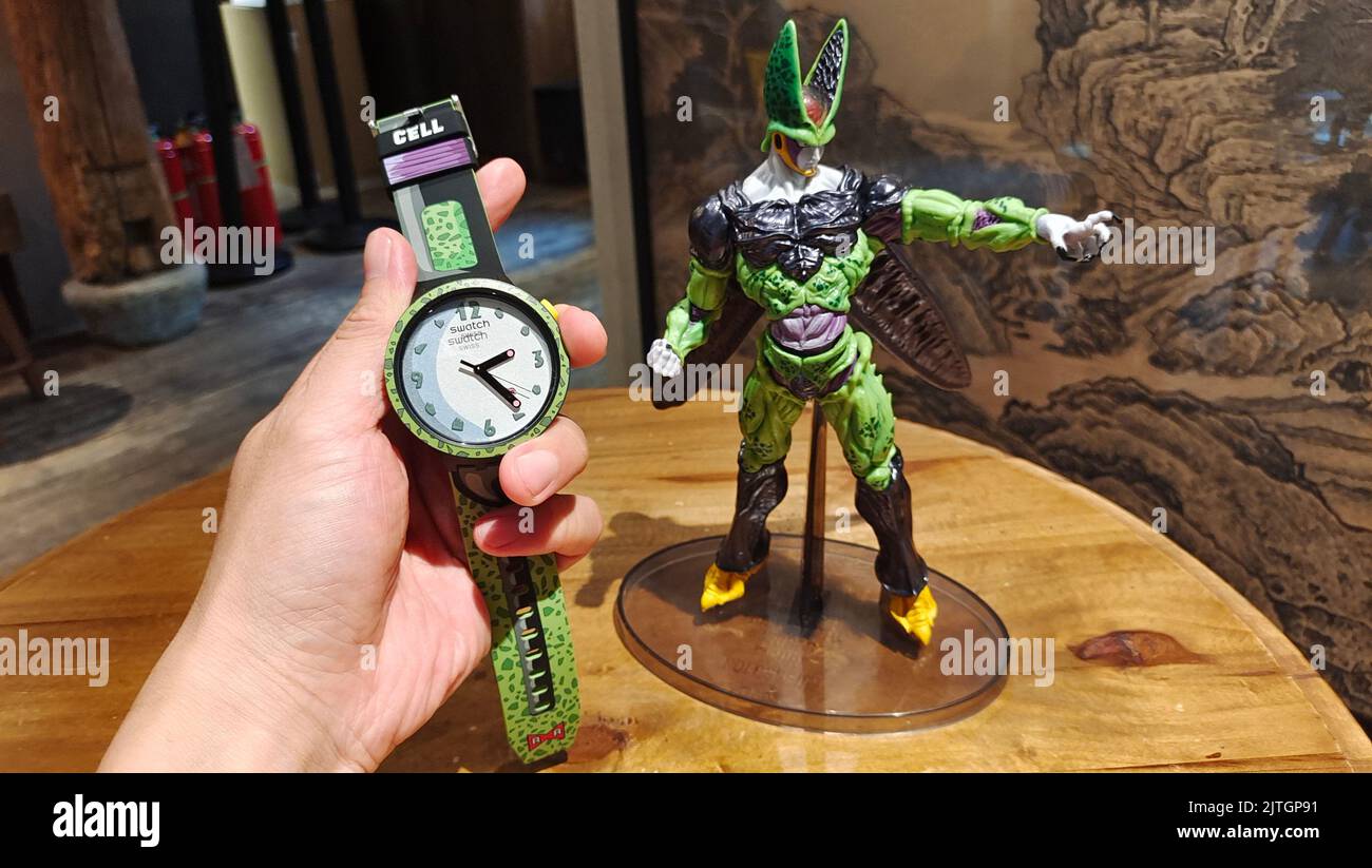 SHANGHAI, CHINA - AUGUST 30, 2022 - The SWATCH X DRAGON BALL Z series co-branded watch products are displayed in Shanghai, China, on Aug 30, 2022. Swi Stock Photo