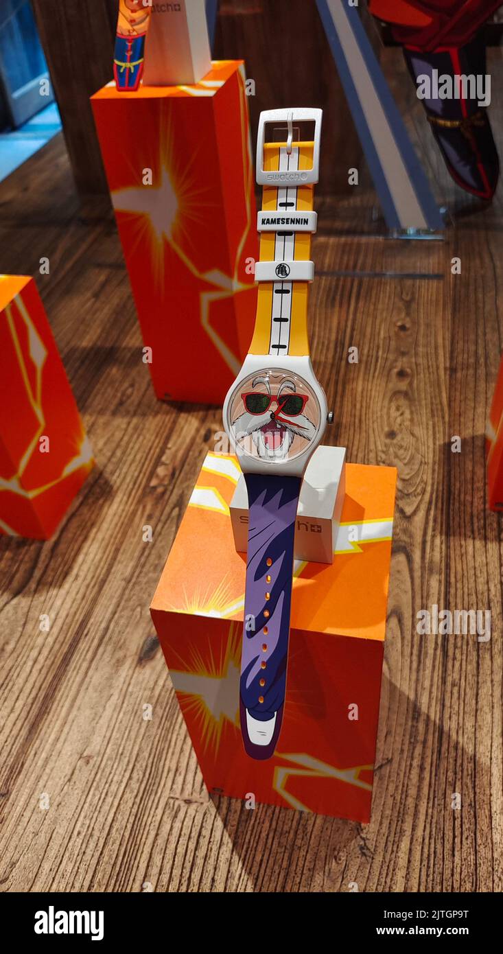 SHANGHAI, CHINA - AUGUST 30, 2022 - The SWATCH X DRAGON BALL Z series co-branded watch products are displayed in Shanghai, China, on Aug 30, 2022. Swi Stock Photo