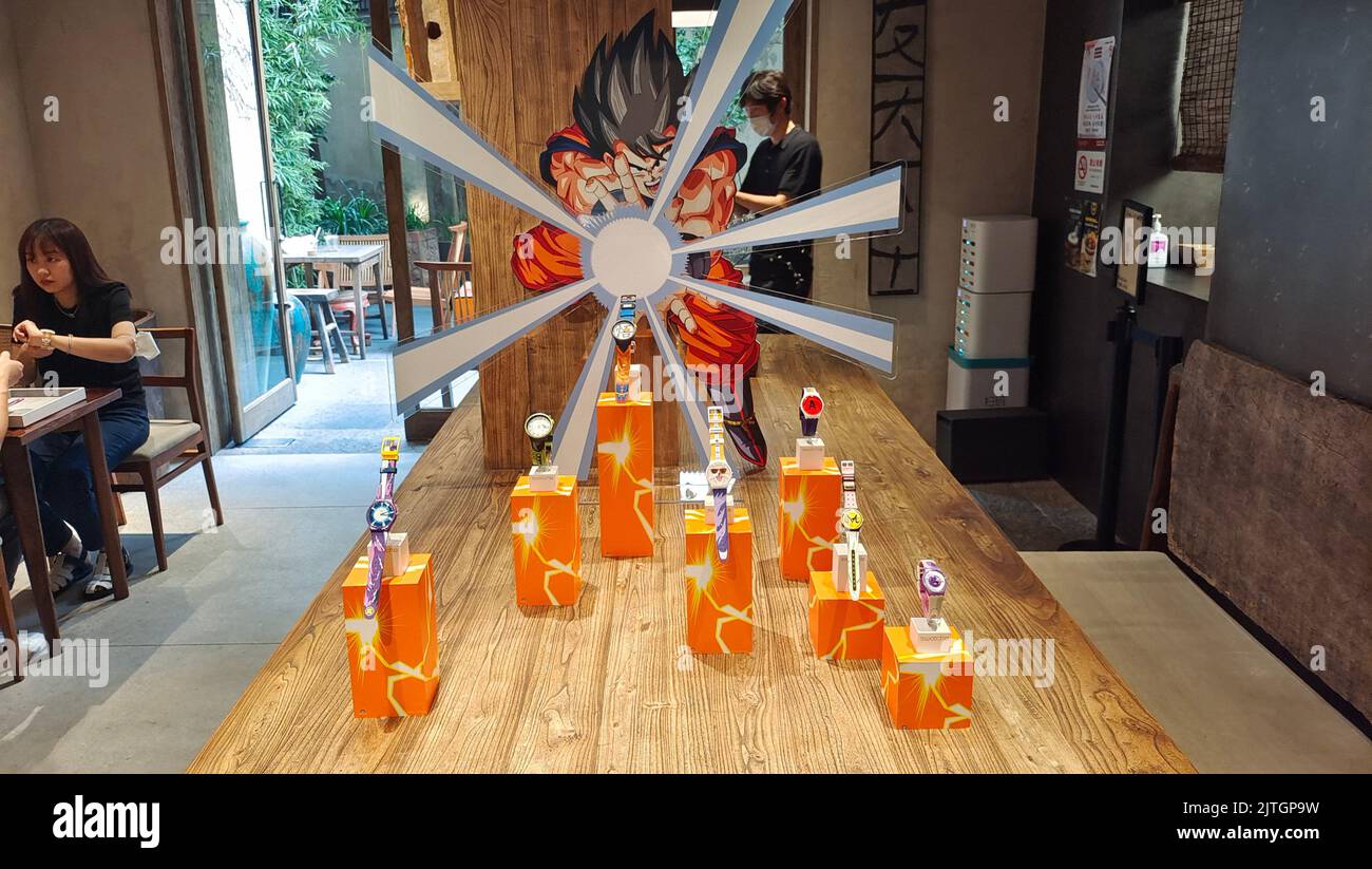 SHANGHAI, CHINA - AUGUST 30, 2022 - The SWATCH X DRAGON BALL Z series co-branded watch products are displayed in Shanghai, China, on Aug 30, 2022. Swi Stock Photo
