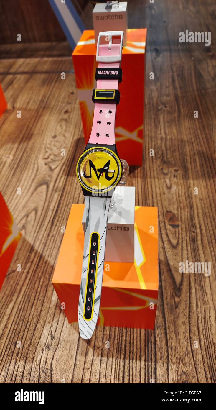 SHANGHAI, CHINA - AUGUST 30, 2022 - The SWATCH X DRAGON BALL Z series co-branded watch products are displayed in Shanghai, China, on Aug 30, 2022. Swi Stock Photo