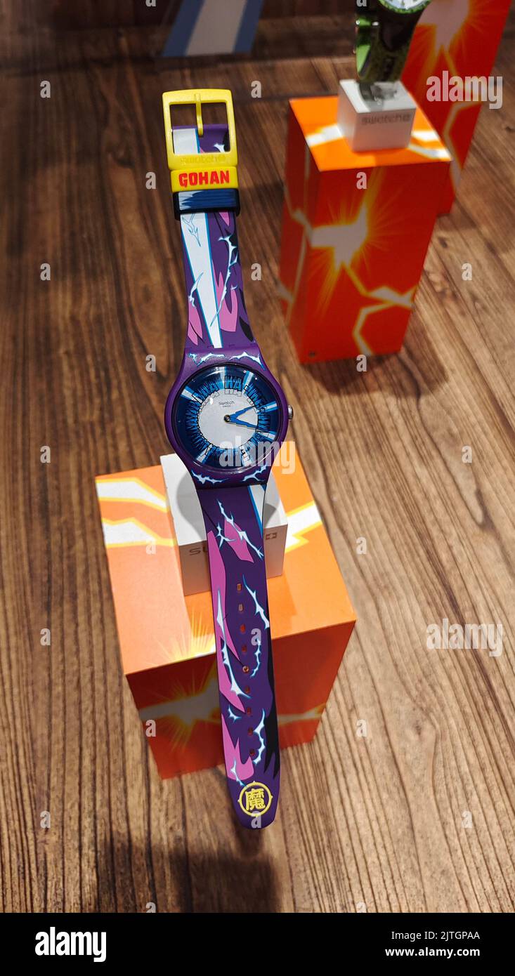 SHANGHAI, CHINA - AUGUST 30, 2022 - The SWATCH X DRAGON BALL Z series co-branded watch products are displayed in Shanghai, China, on Aug 30, 2022. Swi Stock Photo