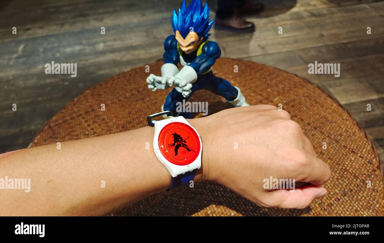 SHANGHAI, CHINA - AUGUST 30, 2022 - The SWATCH X DRAGON BALL Z series co-branded watch products are displayed in Shanghai, China, on Aug 30, 2022. Swi Stock Photo