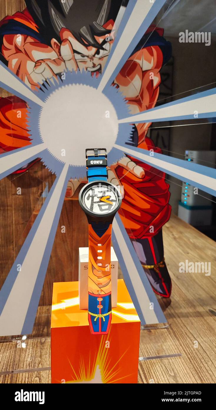 SHANGHAI, CHINA - AUGUST 30, 2022 - The SWATCH X DRAGON BALL Z series co-branded watch products are displayed in Shanghai, China, on Aug 30, 2022. Swi Stock Photo